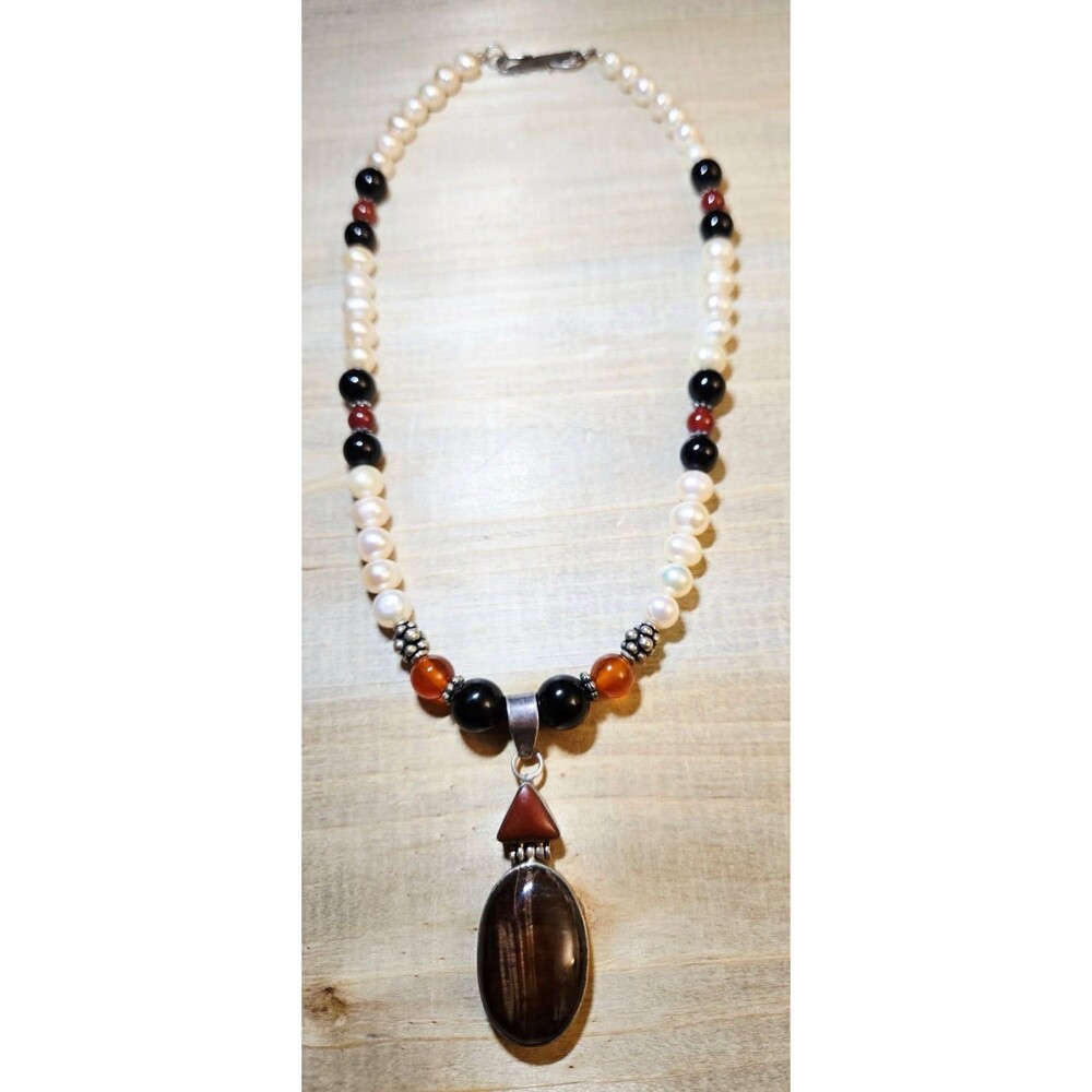 Vintage Tiger Eye Carnelian Onyx Freshwater Pearl Artisan Sterling 925 Necklace